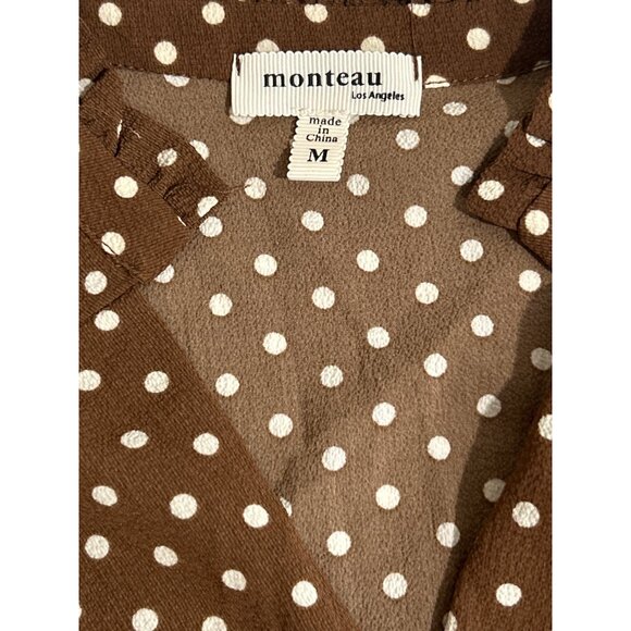 Monteau Brown Polka Dot Wrap Blouse Short Sleeve Lightweight Ruffled Collar Med - Picture 4 of 6